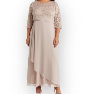 Alex Evenings 16 P Nude Beige Sequin Lace Empire Waist Gown Formal Needs Zipper